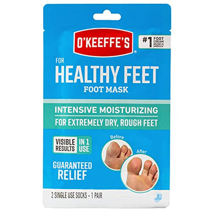O'Keeffe's for Healthy Feet Intensive Moisturizing Foot Mask, Guaranteed Relief for Extremely Dry, Rough Feet, One Pair Single-Use Hydrating Foot Mask Socks, (Pack of 2)