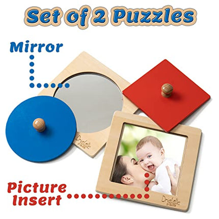 Driddle Montessori Toys - Wooden Knob Shape Puzzles - Mirror & Photo Insert - Learn Colors & Shapes Interactive Baby & Toddler Toys