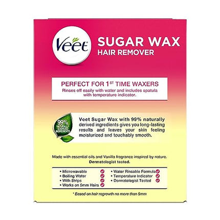 VEET Sugar Wax Hair Remover - Perfect for First Time Waxers - Contains 12 Fabric Strips & 1 Spatula with a Temperature Indicator