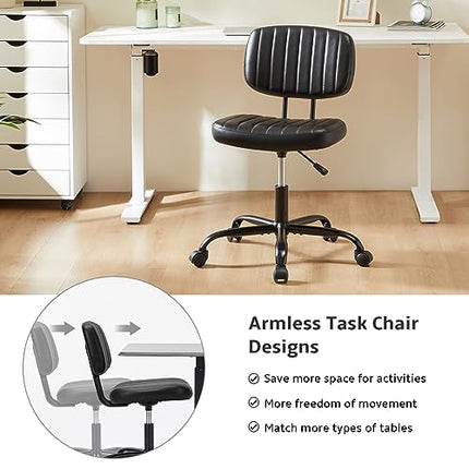 Sweetcrispy Small Office Computer Desk Chair with Wheels and Lumbar Support, Comfy Cute Armlees PU Leather Vanity Rolling Swuvel Task Chair No Arm for Adult, Student