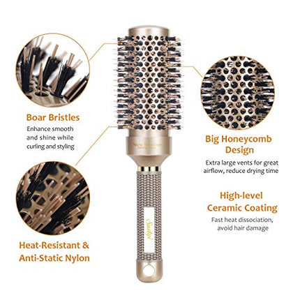 Nano Thermal Ceramic Round Hair Brush with Boar Bristles for Blow Drying and Styling by Sndyi - 2.9 Inch Barrel