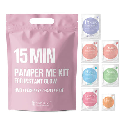 NAISTURE 15 MIN PAMPER ME KIT FOR INSTANT GLOW - Hair Mask, Face Mask, Eye Mask, Hand Mask, Foot Mask Set for Skincare & Beauty Special Home Spa Skin Care Treatment (7 Packs)