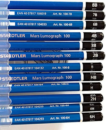 Wooden Lead Pencil By Staedtler Mars Lumograph - Pack of 12 Degrees in Practical Plastic Storage Box with Staedtler Tub Sharpener and Rasoplast Eraser