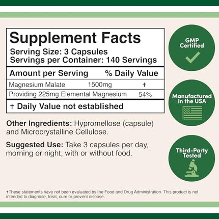 Magnesium Malate Capsules (420 Count) - 1,500mg Per Serving (Magnesium Bonded to Malic Acid), Third Party Tested, Vegan Friendly, Gluten Free, Manufactured in The USA by Double Wood Supplements