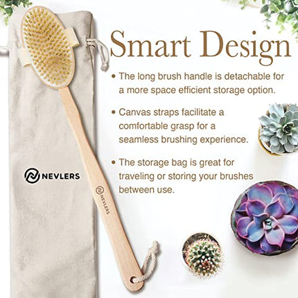Nevlers Natural Boar Body Brush Set with Detachable Cellulite Brush, Long Wooden Handle for Dry Brushing and Face Brush | Perfect Kit to Exfoliate and Alleviate