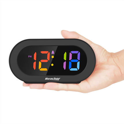 REACHER Small Digital Rainbow LED Alarm Clock with Snooze, Easy to Use, Full Range Brightness Dimmer, Adjustable Alarm Volume, Outlet Powered, Compact Clock for Bedroom, Bedside, Desk, Shelf…
