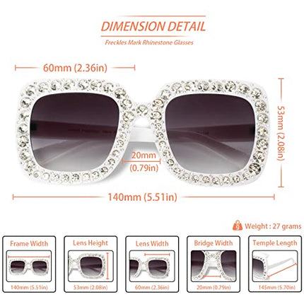 Large Jeweled Sunglasses for Women Crystal Bling Studded Oversized Square Frame (White, 70)