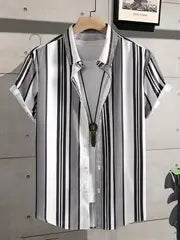 Stylish Men's Casual Vertical Striped Graphic Shirt - Comfortable Plus Size Men's Clothing with Buttons"