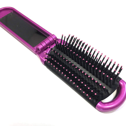 2 ALAZCO Folding Hair Brush With Mirror Compact Pocket Size Travel Car Gym Bag Purse Locker (2 Assorted Colors)