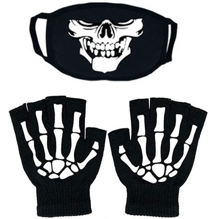 Tulips Lake Fingerless Skeleton Gloves and Skull Mask Glow in Dark Unisex Hand Riding Knit Gloves for Kids Children's Day Gift Face Mask Glove Set