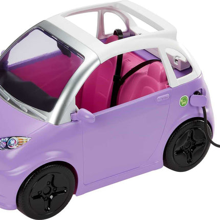 Barbie Toy Car "Electric Vehicle" with Charging Station, Plug and Sunroof, Purple 2-Seater Transforms into Convertible