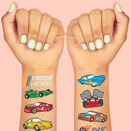 xo, Fetti Race Car Party Supplies Temporary Tattoos - 46 Foil Styles | Racecar Birthday, Pit Crew, Checkered Flags, Vroom, Wheels