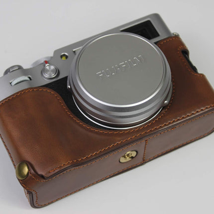 X100V Case, BolinUS Handmade PU Leather Half Camera Case Bag Cover Bottom Opening Version for Fujifilm Fuji X100V with Hand Strap (Coffee)