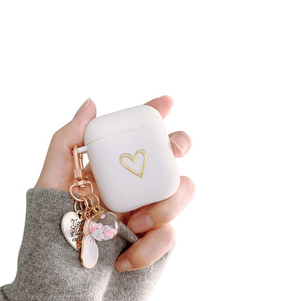 Ownest Compatible for AirPods Case Soft TPU with Gold Heart Pattern Cute Lucky Ball Keychain Shockproof Cover Case for Girls Woman Airpods 2 &1-White