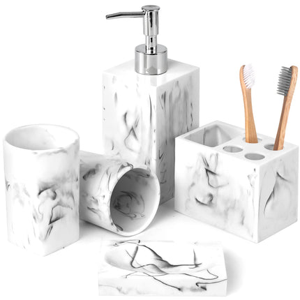 Haturi Bathroom Accessories Set, 5 Pcs Marble Look Sets Soap Dispenser & Toothbrush Holder Counter Top Restroom Apartment Decor Stuff, Resin Kits, Gift for Women and Men, Ink White