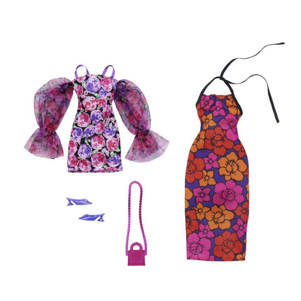 Barbie Clothes, Fashion and Accessory 2-Pack for Barbie Dolls, 2 Dressy Floral-Themed Outfits with Styling Pieces for Complete Looks