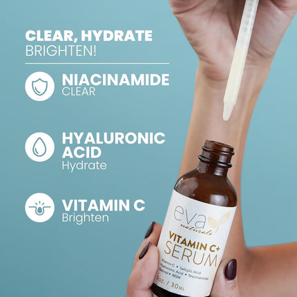 Eva Naturals Vitamin C Face Serum With Hyaluronic Acid - Anti Aging Serum - Reduce Dark Spots, Acne & Wrinkles - Retinol, Niacinamide & Salicylic Acid, Brightening Skin Serum for Glowing Skin