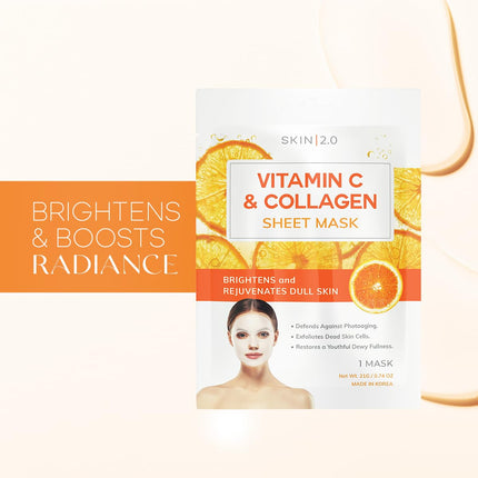 Skin 2.0 Vitamin C and Collagen Sheet Face Mask - Prevents Sun Damage, Reduces Acne, Acne Scars & Wrinkles, Brightening Sheet Mask - Cruelty Free Korean Skin Care For All Skin Types - 5 Masks