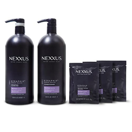 Nexxus Keraphix Shampoo and Conditioner and 3 Hair Repair Masks Treatment System , Damaged Hair Treatment 33.8 oz, 2 Count & 1.5 oz, 3 Count, 5 Count ( Pack of 1)