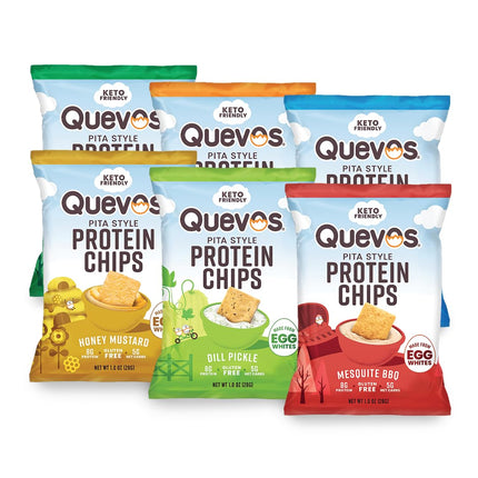 Quevos Protein Chips - The Original Low Carb Protein Chips made with Egg Whites, Crunchy Flavorful Protein & High Fiber Snacks, Keto Friendly, Diabetic & Atkins Friendly, Gluten Free, Low Carb Chips - Variety Bundle, 1 Oz (Pack of 6)