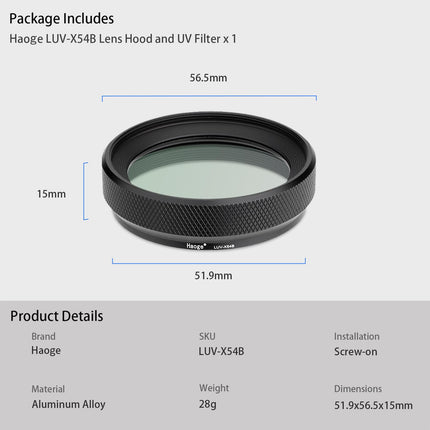 Haoge LUV-X54B Metal Lens Hood with MC UV Protection Multicoated Ultraviolet Lens Filter for Fujifilm X100VI Fuji X100V Camera Black