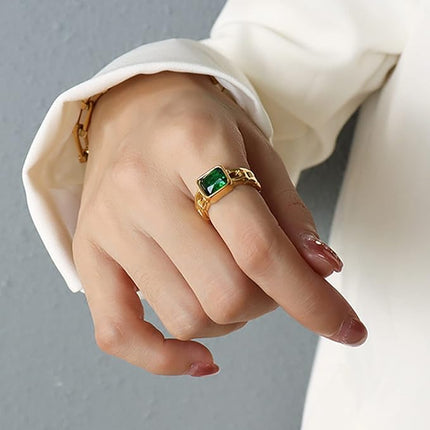 Maxbell Gold Emerald Ring for Women: Adjustable, Green Crystal Geometric Design