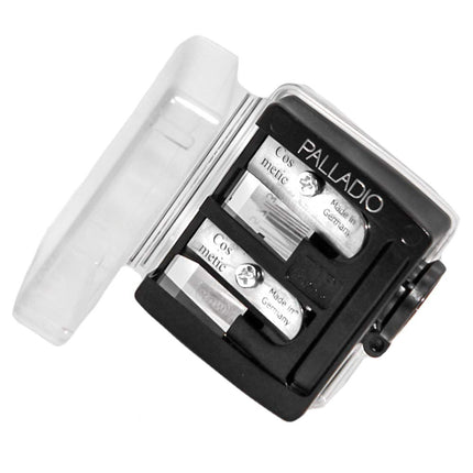 Palladio Double Barrel 3 in 1 Cosmetic Pencil Sharpener with Cover, Stainless Steel Blade, Size Adjuster, Essential for Small and Extra Large Lip Liner, Eyeliner, Brow Pencils