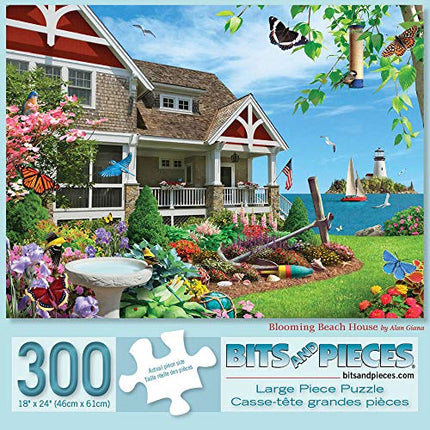 Bits and Pieces - 300 Piece Jigsaw Puzzle for Adults 18" x 24" - Blooming Beach House - 300 pc Beach House Bird Flower Coast Jigsaw by Artist Alan Giana