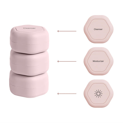 Cadence Travel Containers - Skincare Set - Magnetic Travel Capsules - For Facial Cleanser, Moisturizer, Sunscreen - 3 Medium Capsules (0.56oz) with Cleanser, Moisturizer & Sun-Icon Labels - Petal