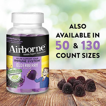 Airborne Elderberry + Zinc & Vitamin C Gummies For Adults, Immune Support Vitamin D & Zinc Gummies With Powerful Antioxidant Vitamins C D & E - 50 Gummies, Elderberry Flavor