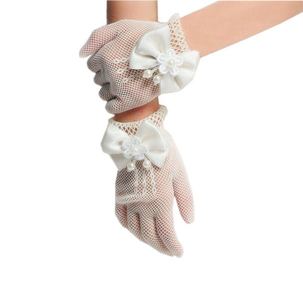 DreamHigh Wedding Flower Girls Mittens Pearl Bow Tie Fish Net Gloves- White