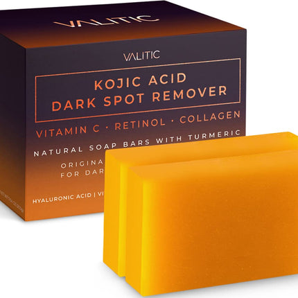VALITIC Kojic Acid Dark Spot Remover Soap Bars with Vitamin C, Retinol, Collagen, Turmeric - Original Japanese Complex Infused with Hyaluronic Acid, Vitamin E, Shea Butter, Castile Olive Oil (2 Pack)