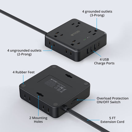 TROND Power Strip Surge Protector - Flat Plug Extension Cord, 8 Widely-Spaced Outlets, 4 USB Charger(1 USB C Port), 5FT Ultra Thin Cord, 1440J, Flat Wall Plug, Desk Charging Station for Travel, Black