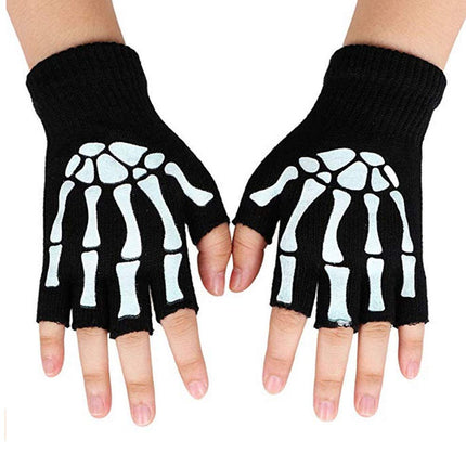 Tulips Lake Fingerless Skeleton Gloves and Skull Mask Glow in Dark Unisex Hand Riding Knit Gloves for Kids Children's Day Gift Face Mask Glove Set