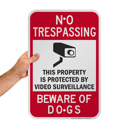 SmartSign 18 x 12 inch “No Trespassing - Private Property Protected By Video Surveillance, Beware Of Dogs” Metal Sign, 63 mil Laminated Rustproof Aluminum, Red, Black and White