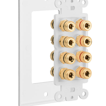 Fosmon (Quad Speaker Home Theater Wall Plate - Premium Quality Gold Plated Copper Banana Binding Post Coupler Type Audio Wall Plate for 4 Speakers (White)