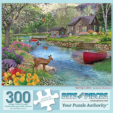 Bits and Pieces - 300 Piece Jigsaw Puzzle for Adults 18" x 24" - Spring Cabin - 300 pc Forrest River Boat Pier Flower Tree Nature Bloom Jigsaw by Artist Bigelow Illustrations