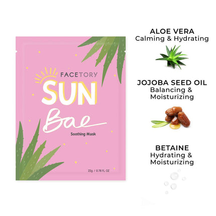 FACETORY Sun Bae Soothing Sheet Mask with Aloe Vera - Soft Sheet Mask, For All Skin Types - Soothing, Sun Care, Calming, and Hydrating Face Mask (Pack of 10)