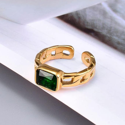 Maxbell Gold Emerald Ring for Women: Adjustable, Green Crystal Geometric Design