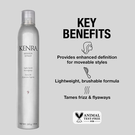 Kenra Design Spray 9 | Light Hold Hairspray | Tames Frizz & Flyaways | Lightweight, Brushable Formula | All Hair Types | 10 oz