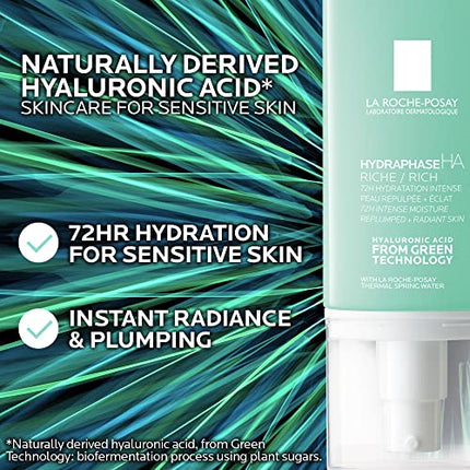 La Roche-Posay HydraphaseHA Rich, Hyaluronic Acid Face Moisturizer for Dry Skin with 72HR Hydration, Oil Free & Non-Comedogenic, 50 ML , 1.69 fl. oz.