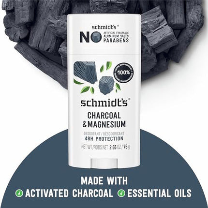 Schmidt's Aluminum-Free Vegan Deodorant Charcoal & Magnesium with 24 Hour Odor Protection, 2 Count for Women and Men, Natural Ingredients, Cruelty-Free, 2.65 oz