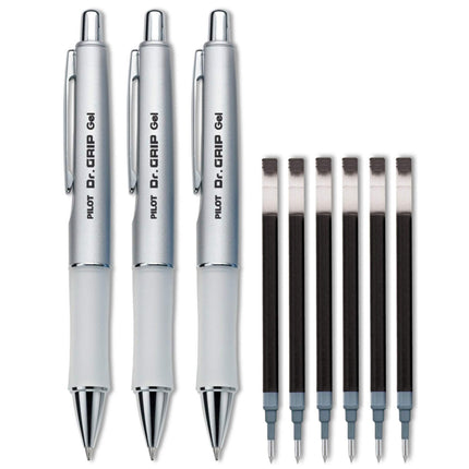 Pilot Dr. Grip Limited Retractable Rolling Ball Gel Pen, Fine Point, Platinum Metallic Barrel, Black Ink 3 Pen (36272) with 6 Black Ink Refill