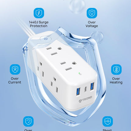 TROND Flat Plug Power Strip, 6 Widely Spaced Outlets and 3 USB Ports (1 USB C), Flat Extension Cord 5ft, 1440J Surge Protector, Wall Mountable, Power Strip for Home Office Travel, White