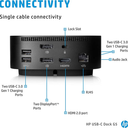 Buy HP USB-C Essential Dock G5 (1 SuperSpeed USB Type-C; 2 USB Type-A; 1 audio jack; 2 DisplayPort 1.4; 1 HDMI 2.0; 1 RJ-45; 2 SuperSpeed USB Type-A (charging)) Bundle with Dockztorm Dock in India.