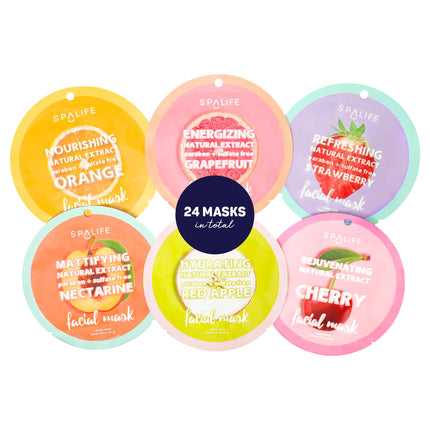 SpaLife Beauty Fruit Facial Sheet Masks 24 Pack – Face Masks Skincare Set – Hydrating Face Masks – 6 Natural Fruit Extract Formulas –Orange, Grapefruit, Strawberry, Cherry, Nectarine, Red Apple