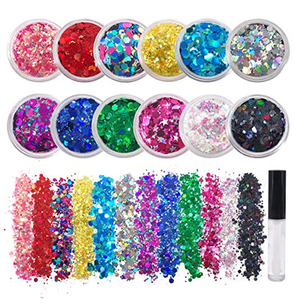 12 Pack - Multi-Colored Face & Body Glitter - Glue Included - Rainbow Chunky Glitter - Uses Include: Festival Rave Makeup Face Body Nails Resin Arts & Crafts, Resin, Tumblers, Bath Bombs