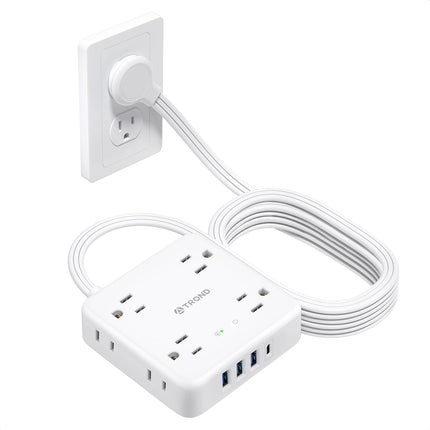 TROND Surge Protector Power Strip with USB, Ultra Thin Flat Plug 10ft Extension Cord 1625W, 3 USB A & 1 USB C, 8AC Outlets 1440J Surge Protection Wall Mount for Home Office Dorm Room Essentials, White