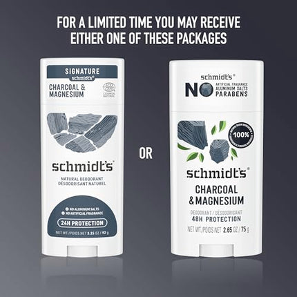 Schmidt's Aluminum-Free Vegan Deodorant Charcoal & Magnesium with 24 Hour Odor Protection, 2 Count for Women and Men, Natural Ingredients, Cruelty-Free, 2.65 oz