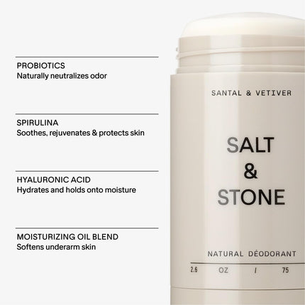 SALT & STONE Natural Deodorant - Santal & Vetiver | Extra Strength Natural Deodorant for Women & Men | Aluminum Free with Seaweed Extracts, Shea Butter & Probiotics | Free From Parabens & Sulfates